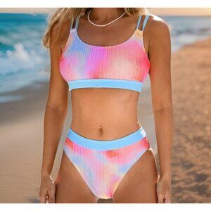 Cupshe Women’s Tie-Dye Bikini Large Scoop Neck Crisscross Back Mid-Rise Bottom